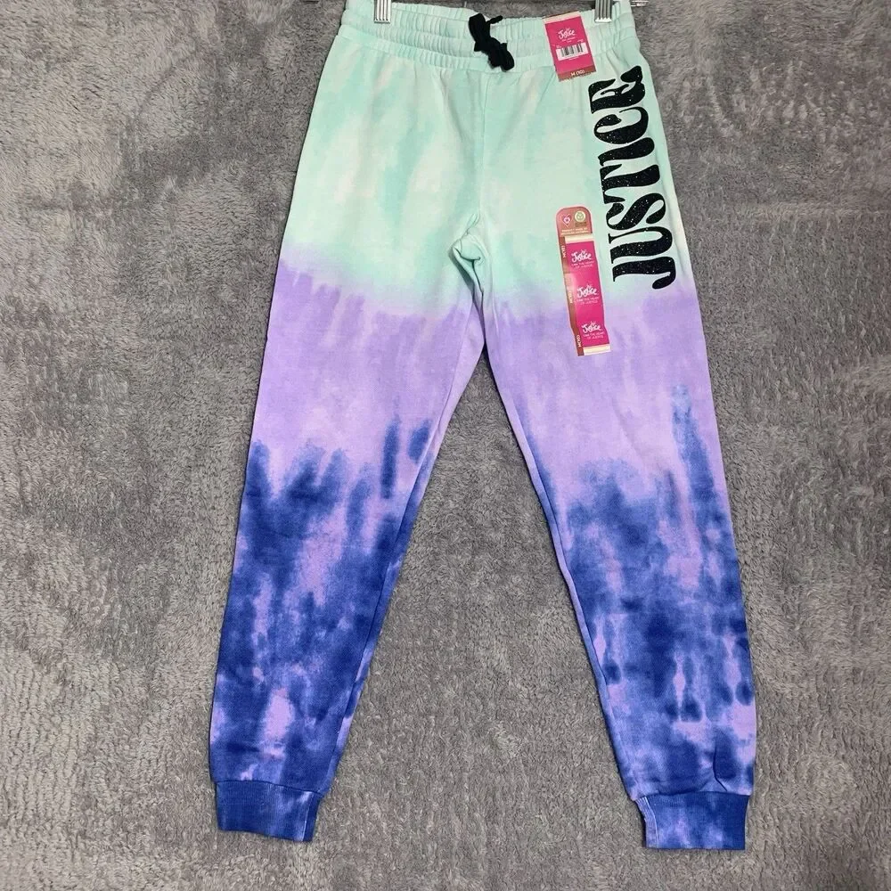 Justice‎ Joggers Girls Size 10 Green Purple Tie Dye Glitter Logo Sweatpants NEW